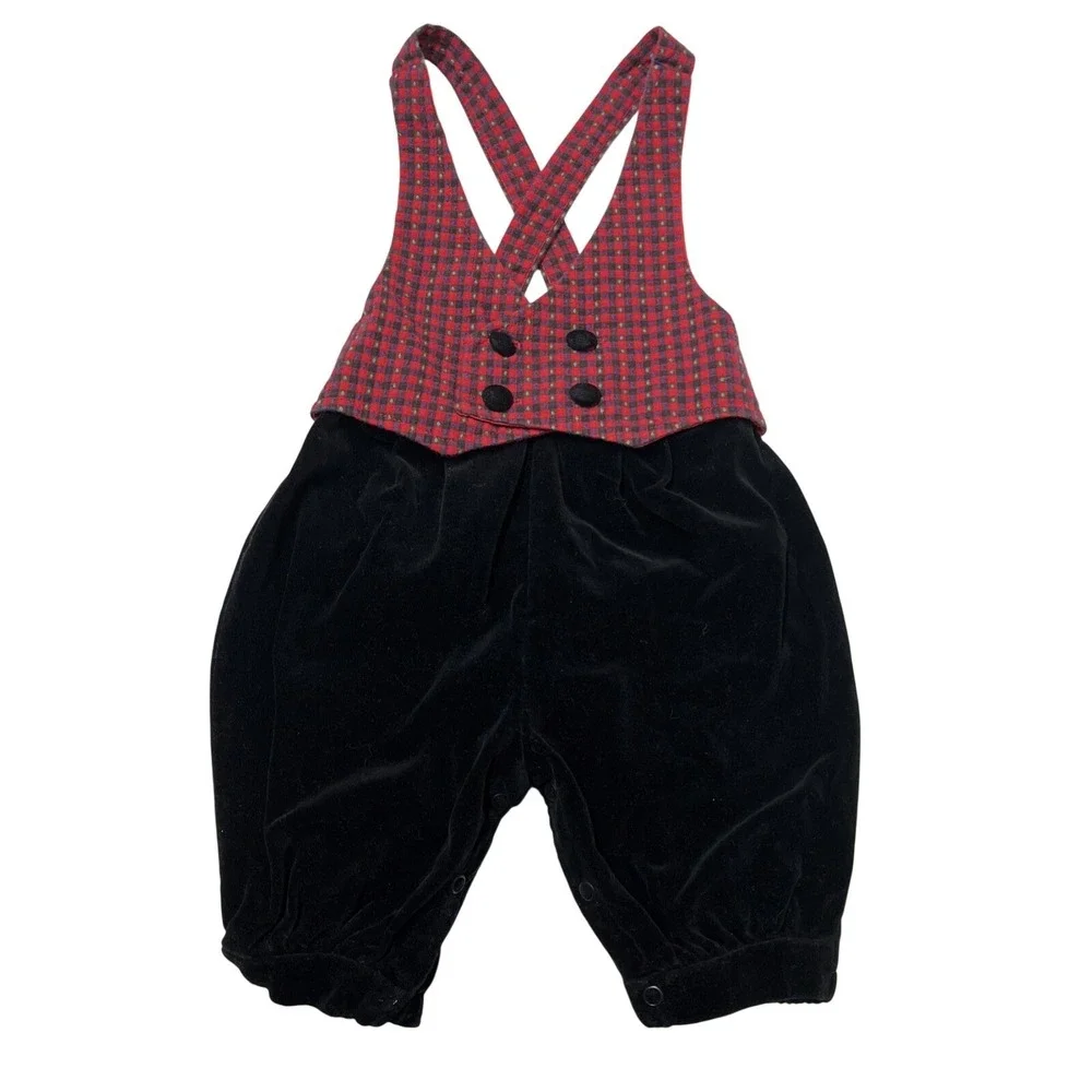 Vintage Knickers Overalls Baby Boy 18M Black Velvet‎ Velour Plaid Vest One Piece